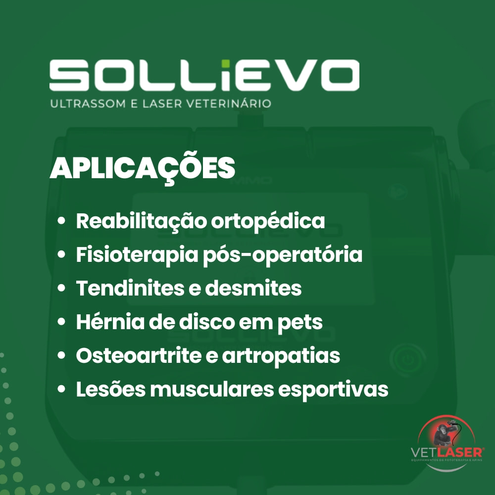 Banner com aplicações típicas do Sollievo na medicina veterinária.