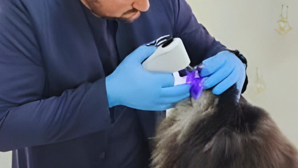 Médico veterinário utilizando luz de fluorescência para avaliar lesão cutânea em cão durante exame dermatológico.
